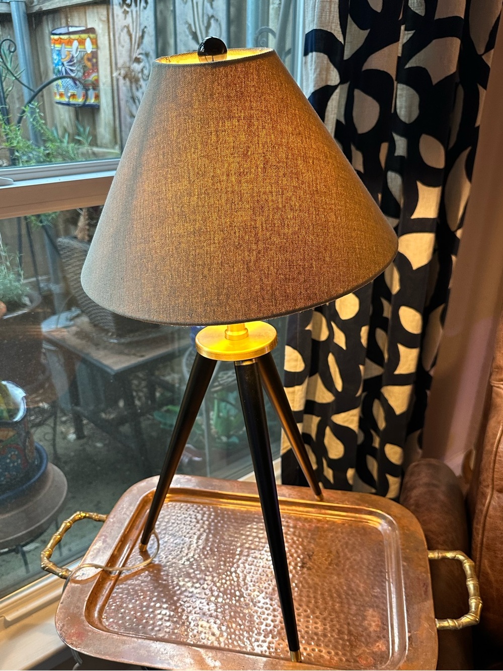 Black & Gold Tripod Lamp: Nautical Surveyor Style with Beige Shade